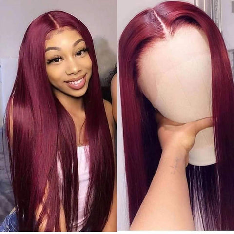 Stunning Burgundy Transparent Lace Frontal  Color Straight Wig 100% Human Hair